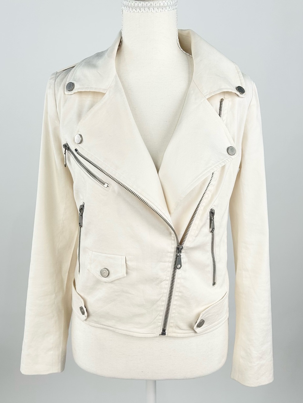 Rebecca Minkoff Linen Blend Moto Jacket Winter White Ivory Lightweight Women’s S